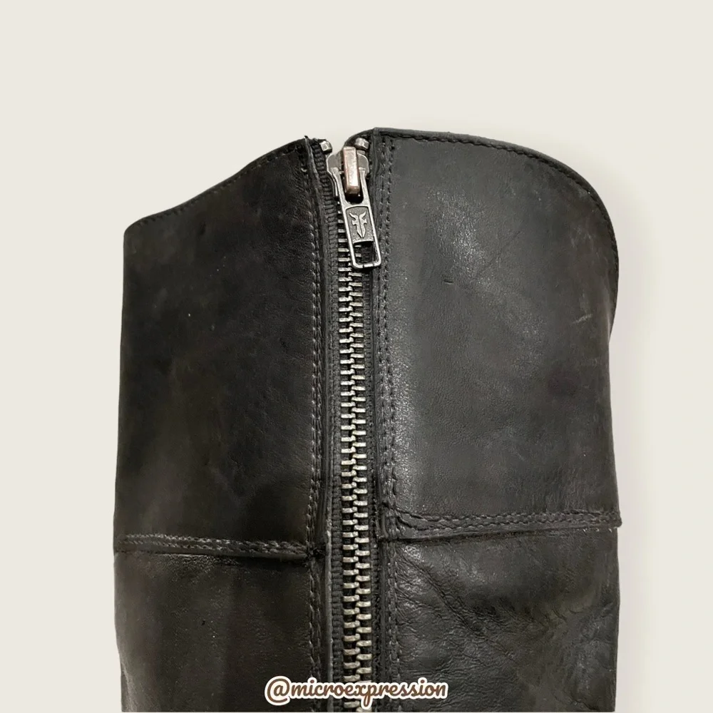 $389 Frye Jamie Ring Tall Distressed Stone Black Leather Knee High Zip Up Boot